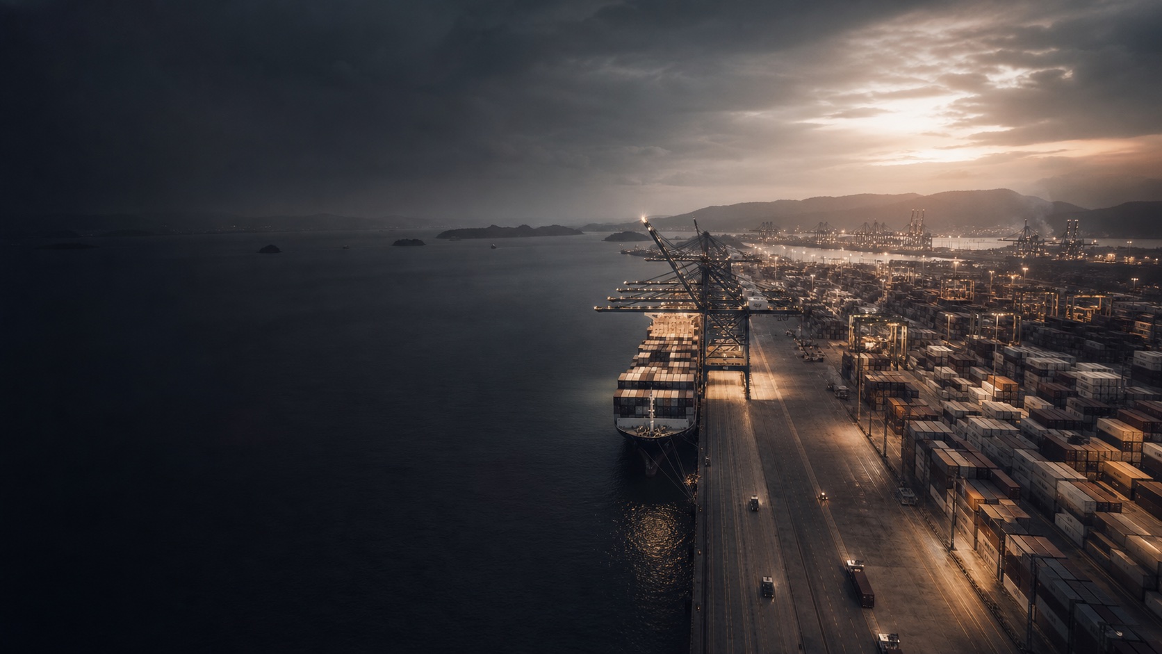 International container port at dawn